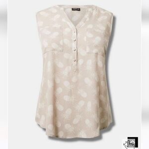 🆕️🍍 3X  BEIGE PINEAPPLE PRINT HARPER WASHABLE GAUZE SLEEVELESS BLOUSE🍍